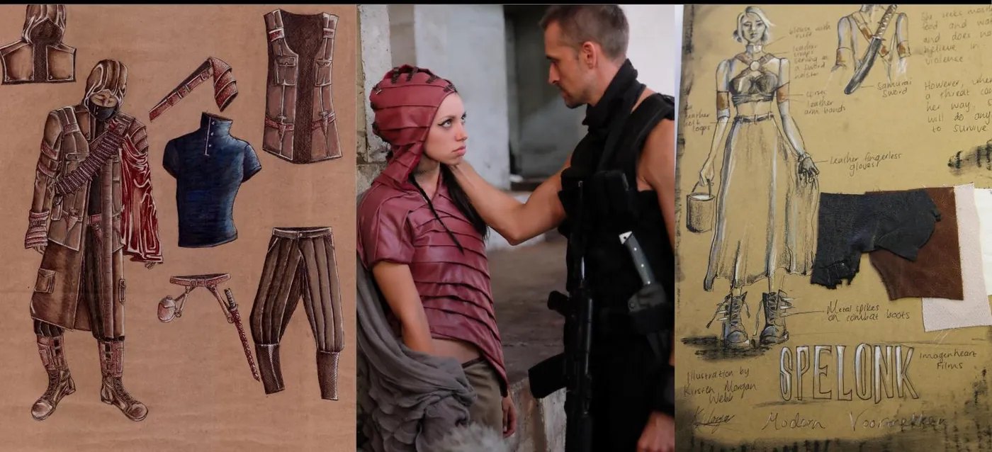 Costume sketches beside a fitting of a rebel in a red wrapped headdress