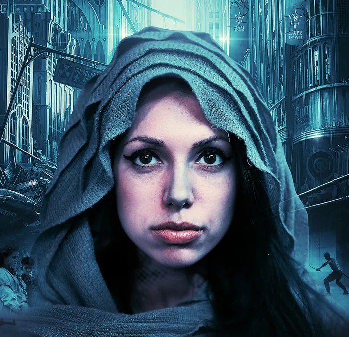 Christine Tesco as Ophelia, in a grey hood