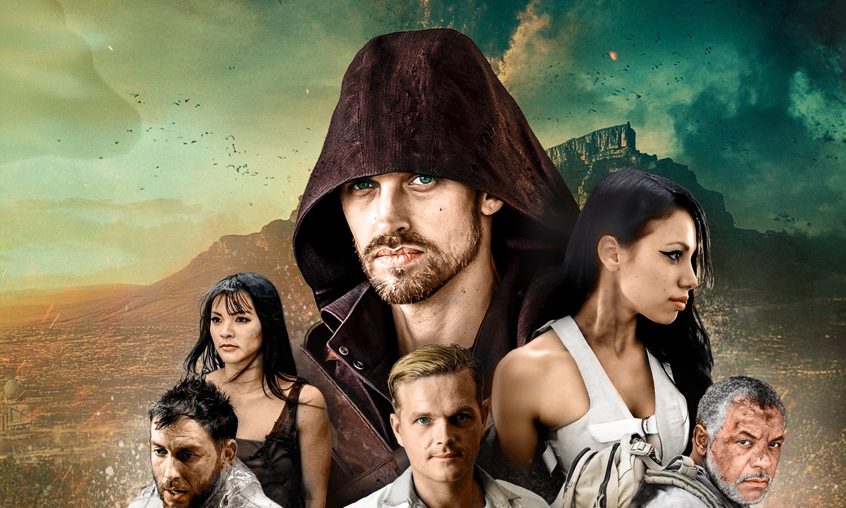 Hooded Dante above the Spelonk cast, Table Mountain behind them