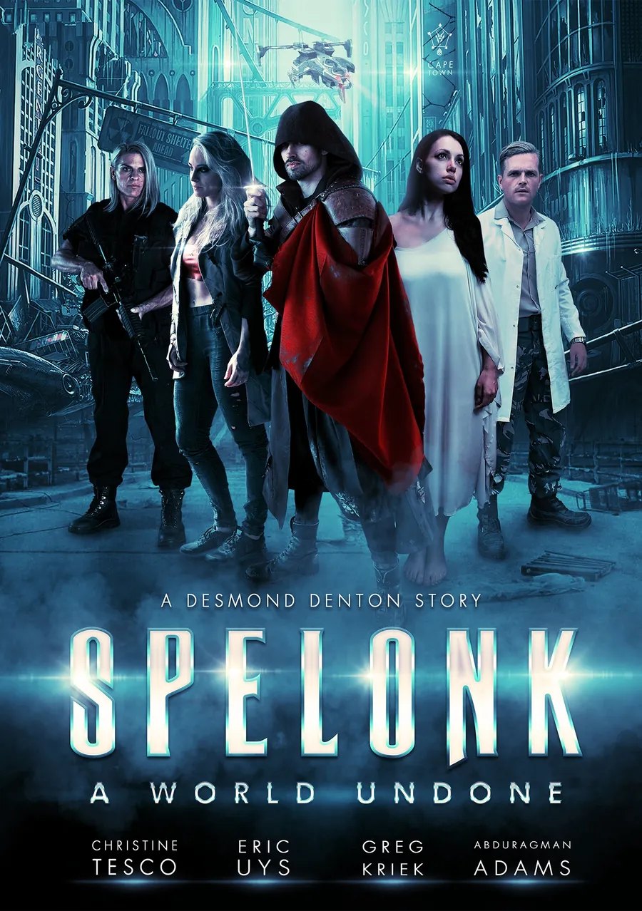 Ensemble poster, five survivors in a cyan ruined city