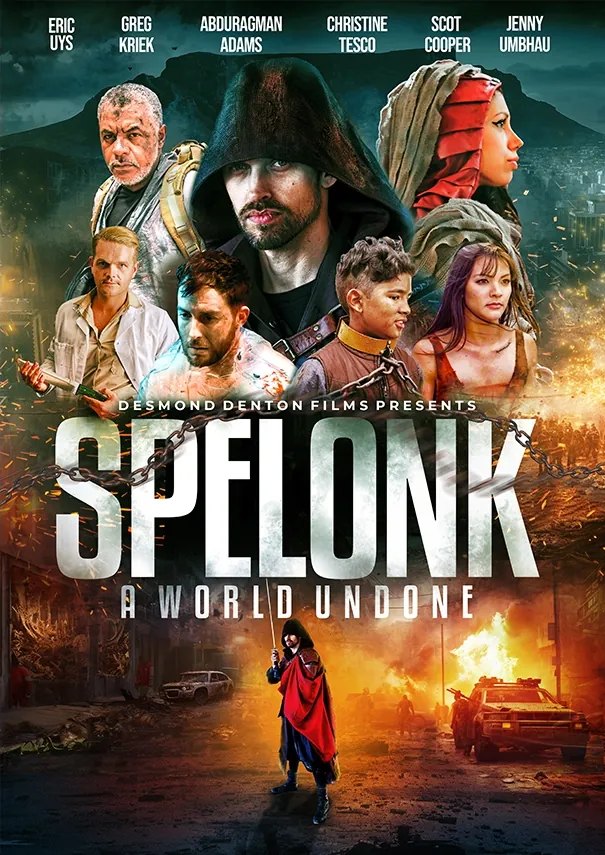 Spelonk theatrical poster with the full ensemble over a burning street