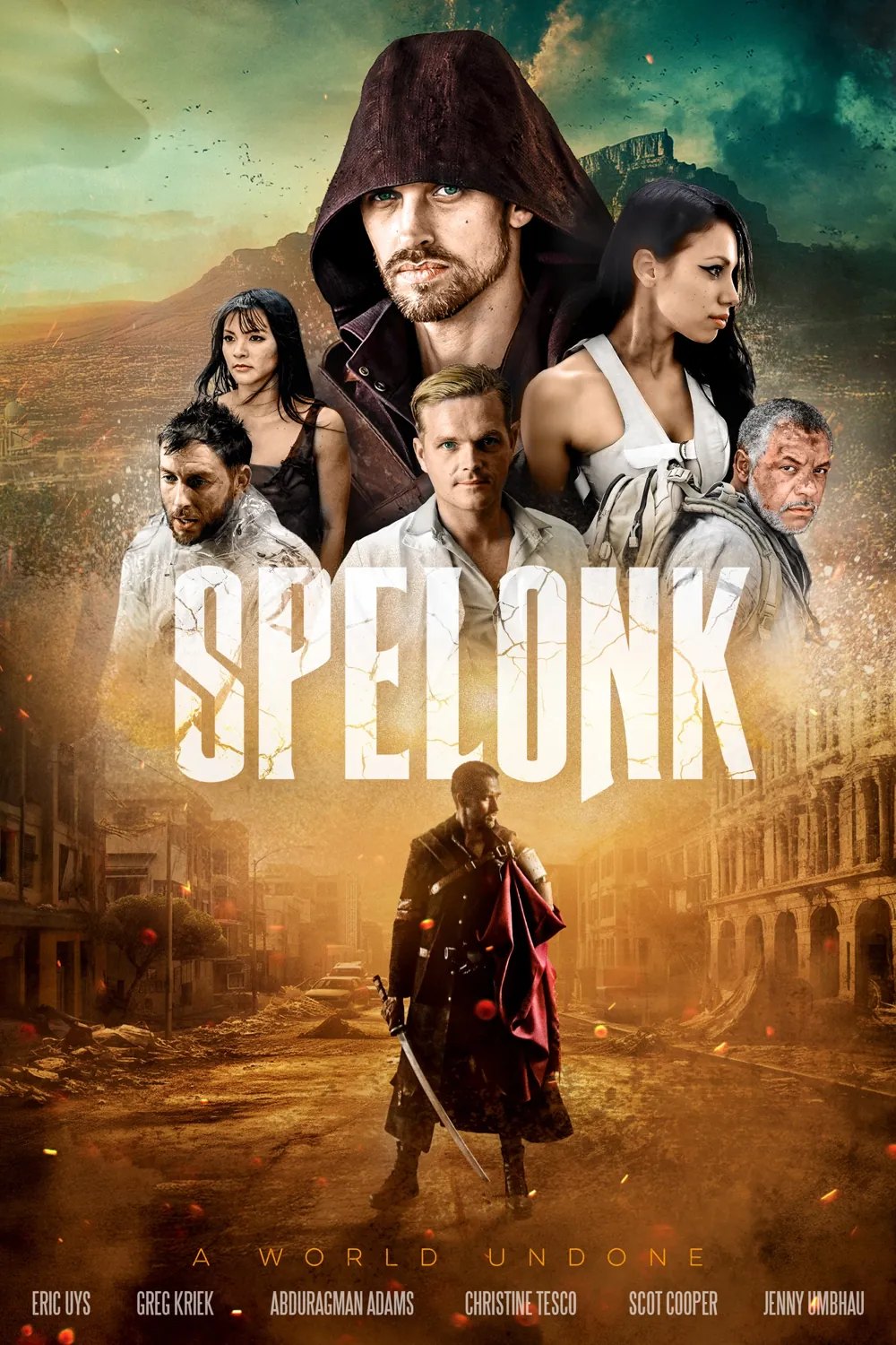 Spelonk poster: hooded Dante above the cast, Table Mountain behind and a lone swordsman in a dusty street