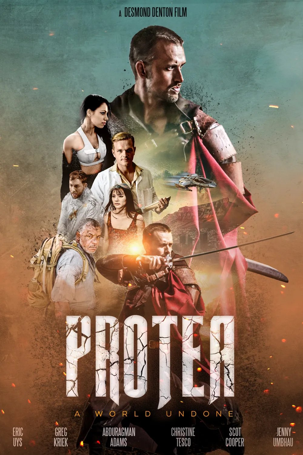 Protea poster: Dante with sword raised, the cast and Table Mountain in dust and embers