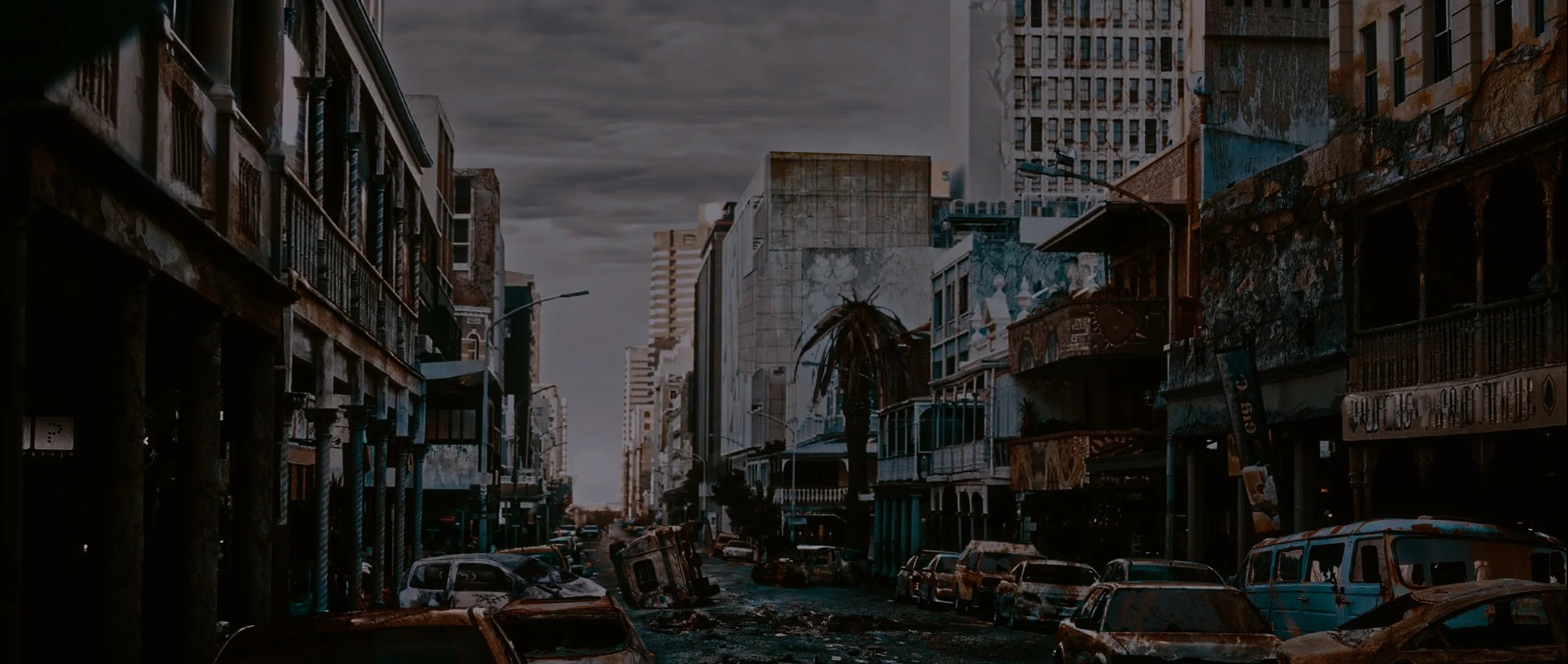 A street of burnt-out cars