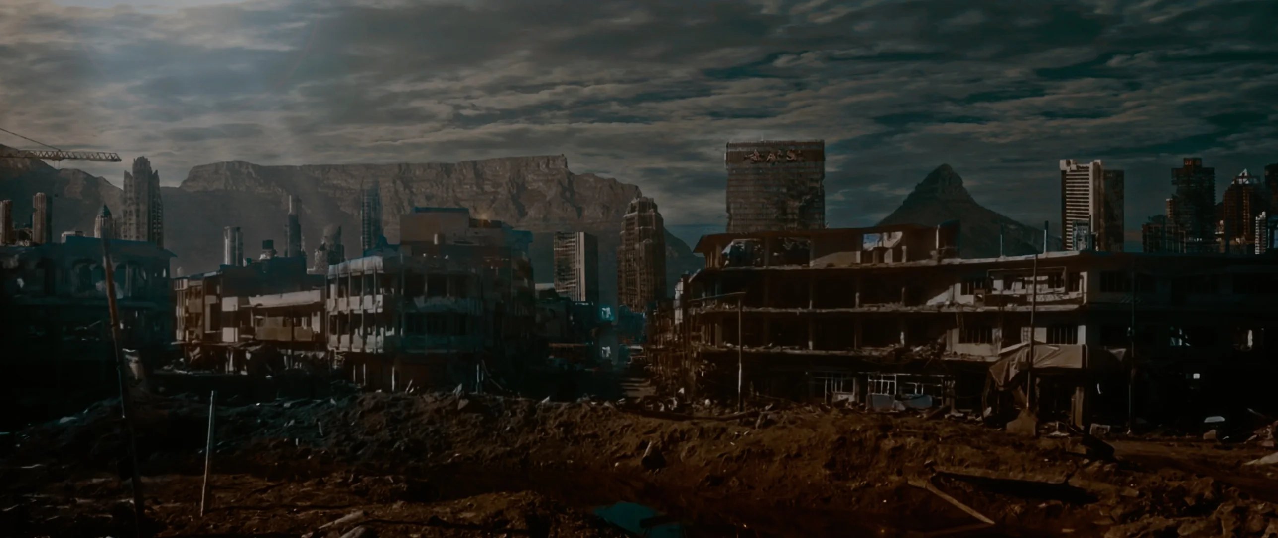 Ruined city blocks beneath Table Mountain